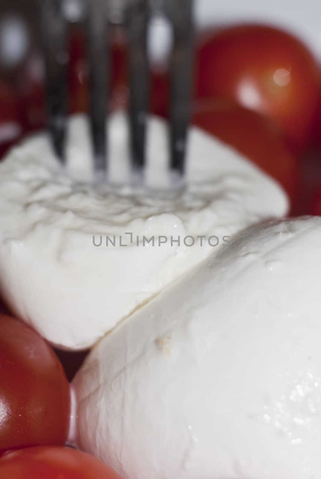 tomato and mozzarella cheese on fork with milk,macro by gandolfocannatella