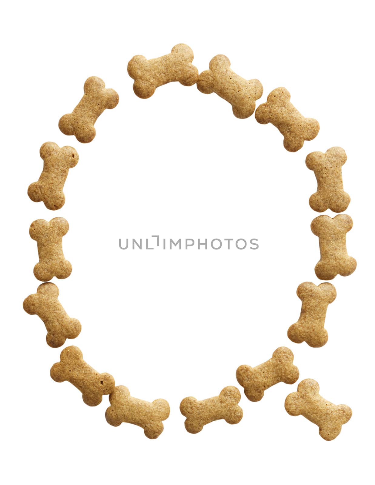 Letter Q made of bone shape dog food on white background, shot directly from above