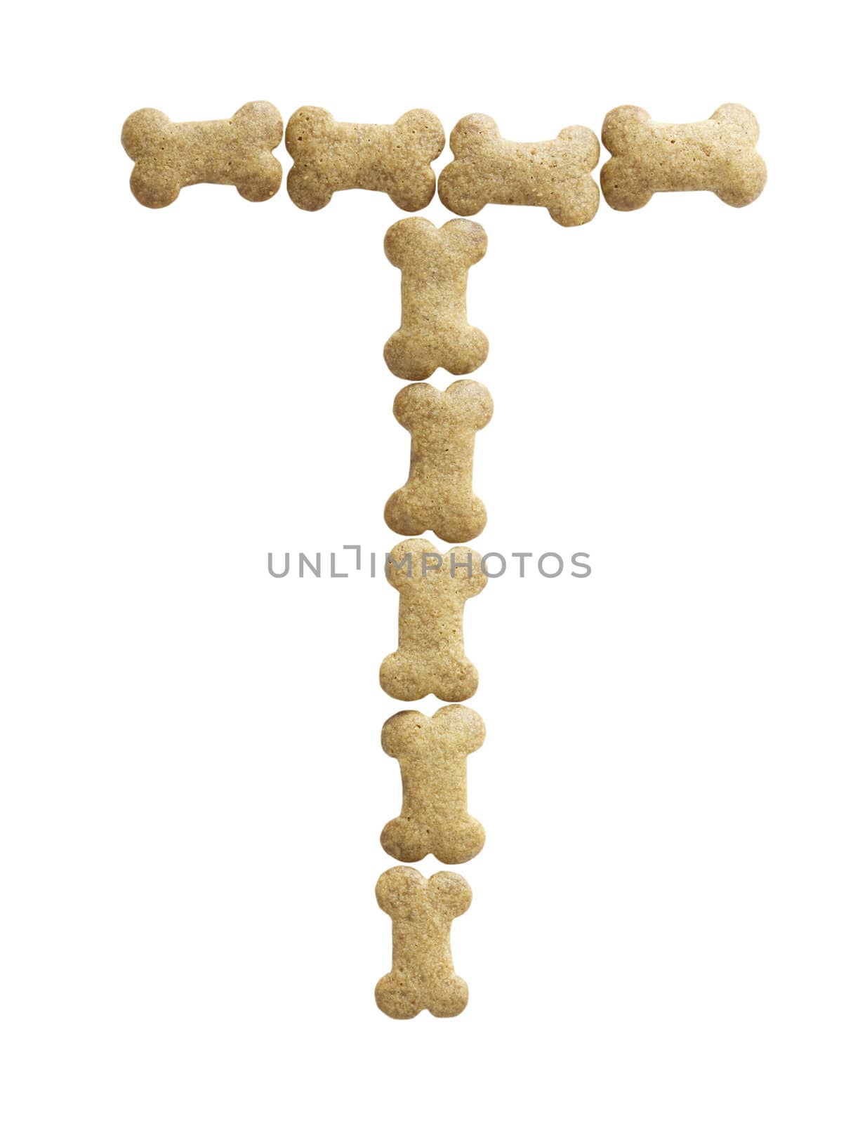 Letter T made of bone shape dog food on white background, shot directly from above