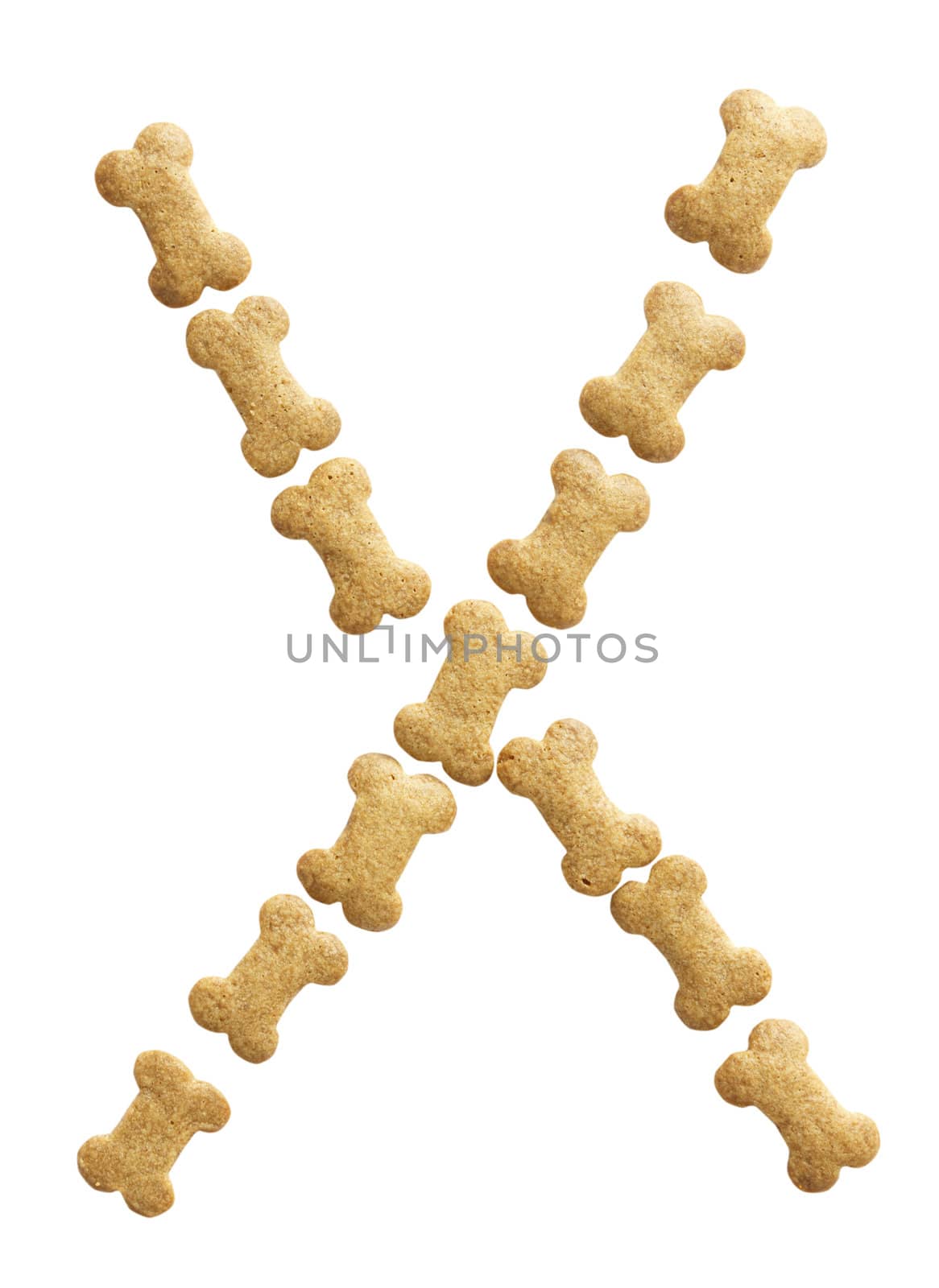 Letter X made of bone shape dog food on white background, shot directly from above
