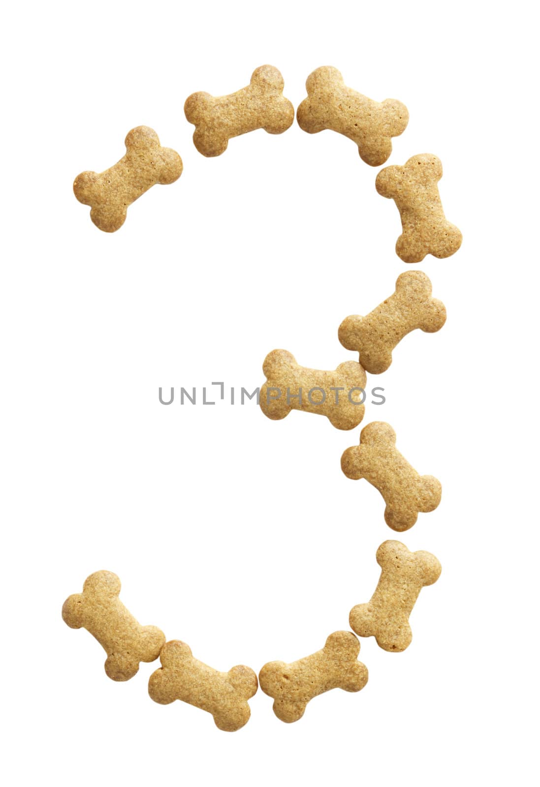 Number 3 made of bone shape dog food on white background, shot directly from above