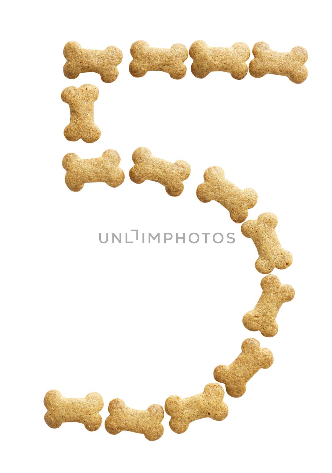 Number 5 made of bone shape dog food on white background, shot directly from above