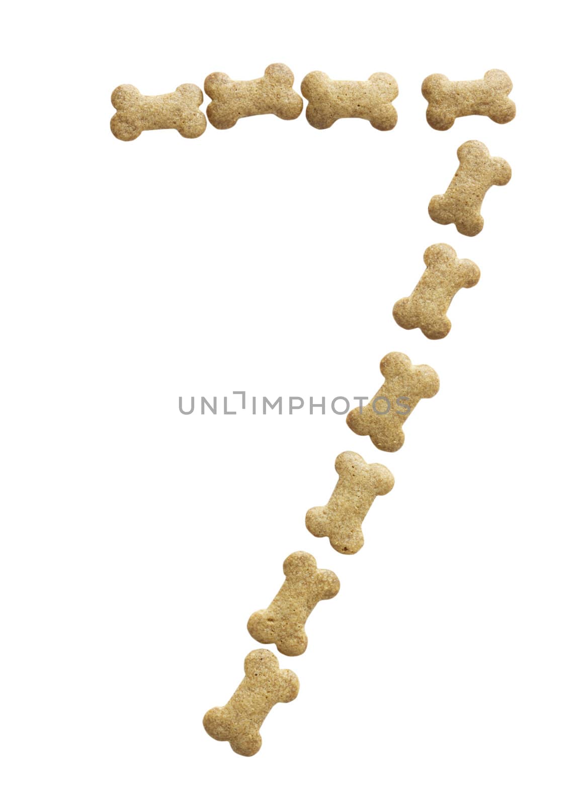 Number 7 made of bone shape dog food on white background, shot directly from above