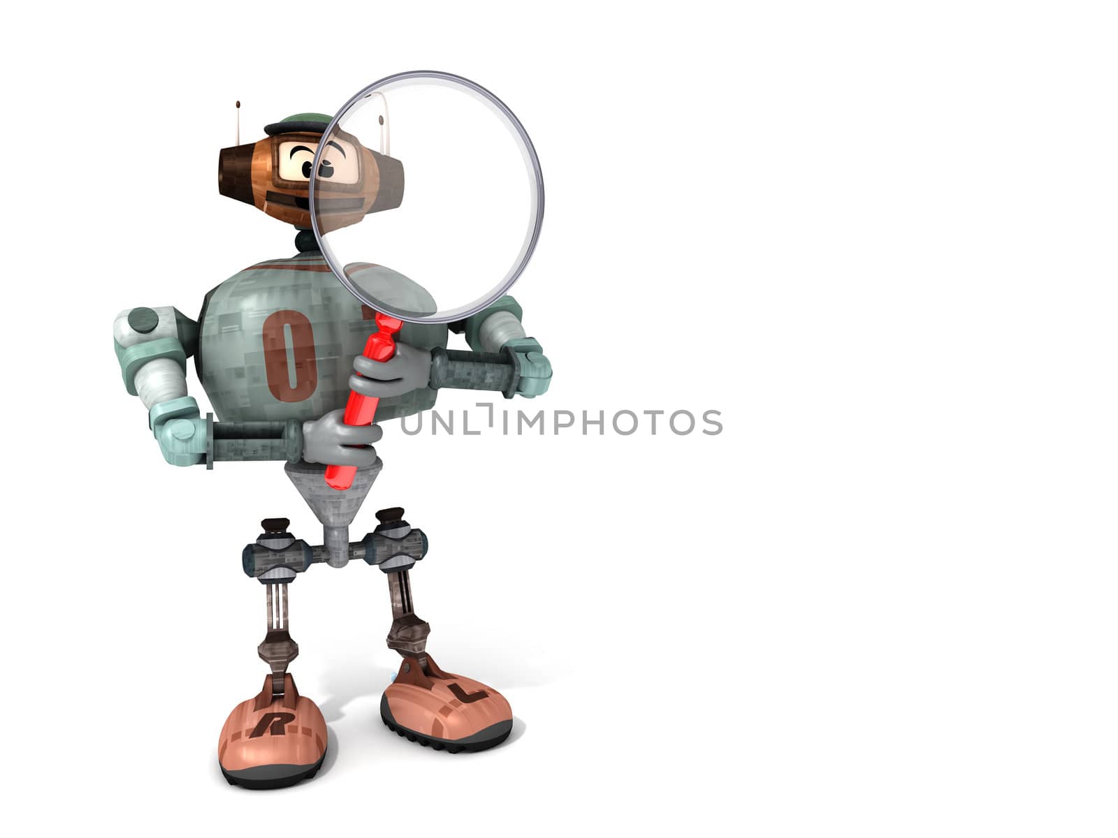 Djoby the Robot Looking Through a Magnifying Glass with a White Background