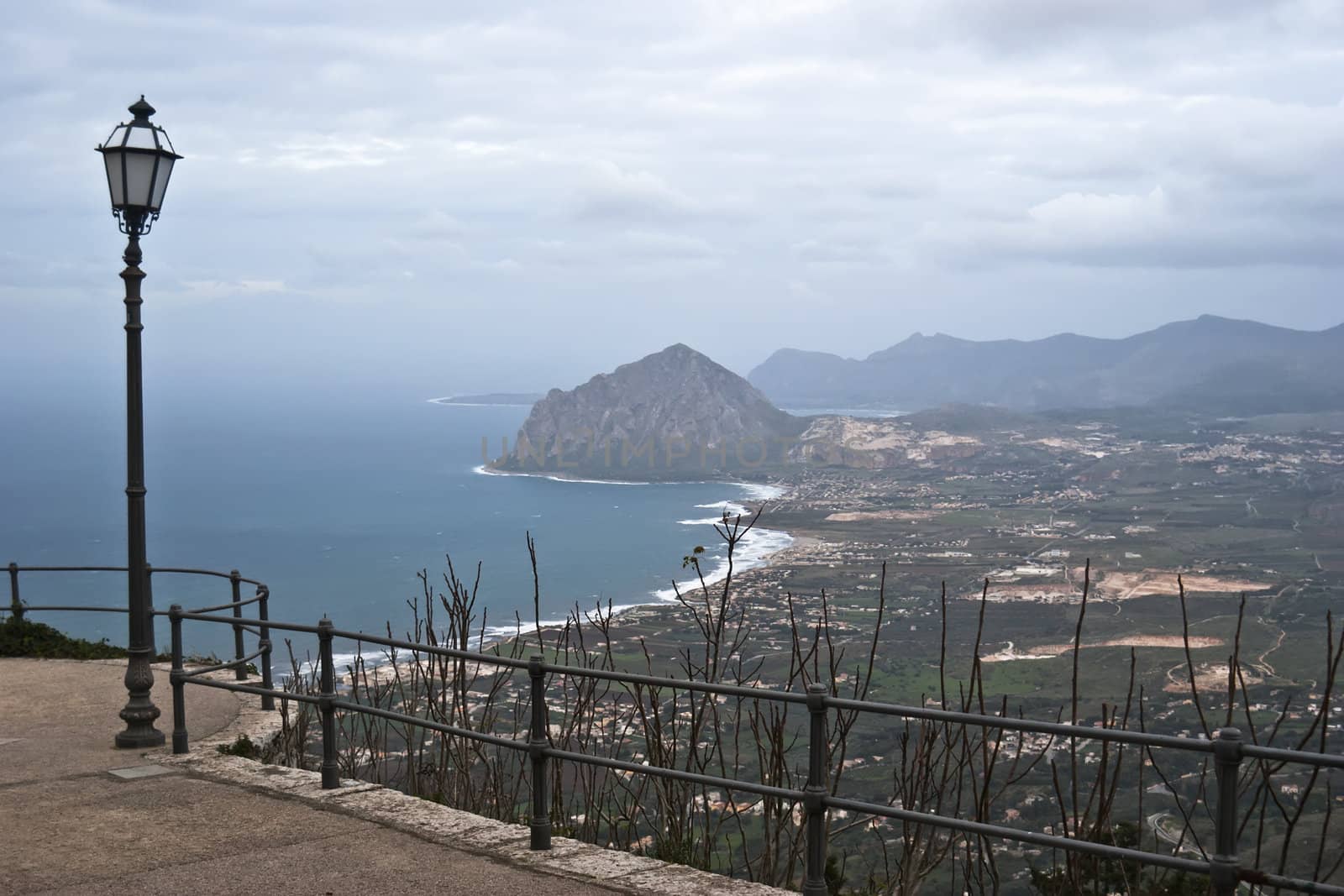 Italy, Sicily, view of Cofano mount and the Tyrrhenian coastline from Erice. Trapani