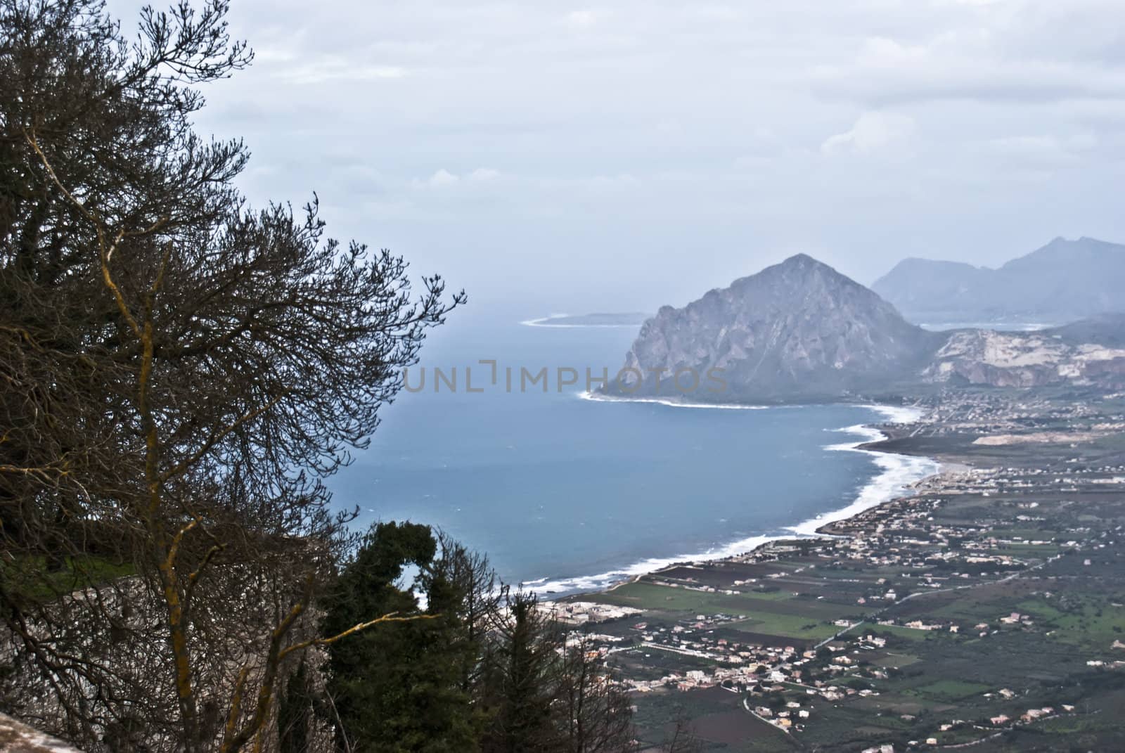 Italy, Sicily, view of Cofano mount and the Tyrrhenian coastline from Erice. Trapani
