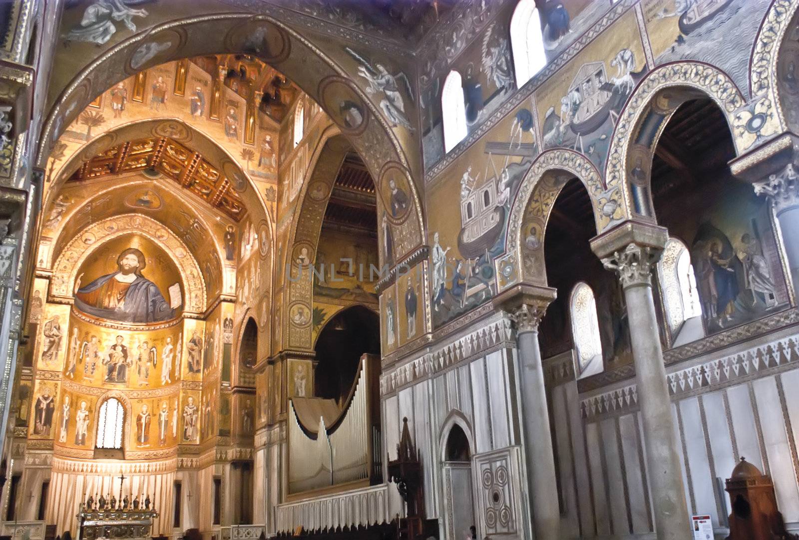 Medieval Norman architecture. Cathedral of Monreale, interior with its golden mosaics.Palermo- Sicily-Italy