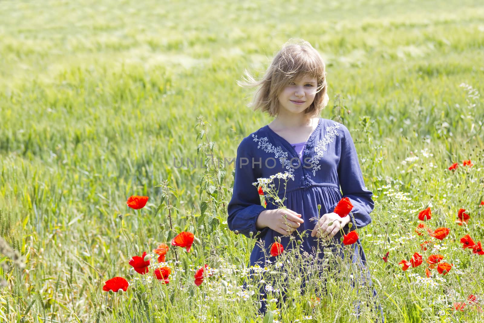 Cute young girl in poppy field by miradrozdowski