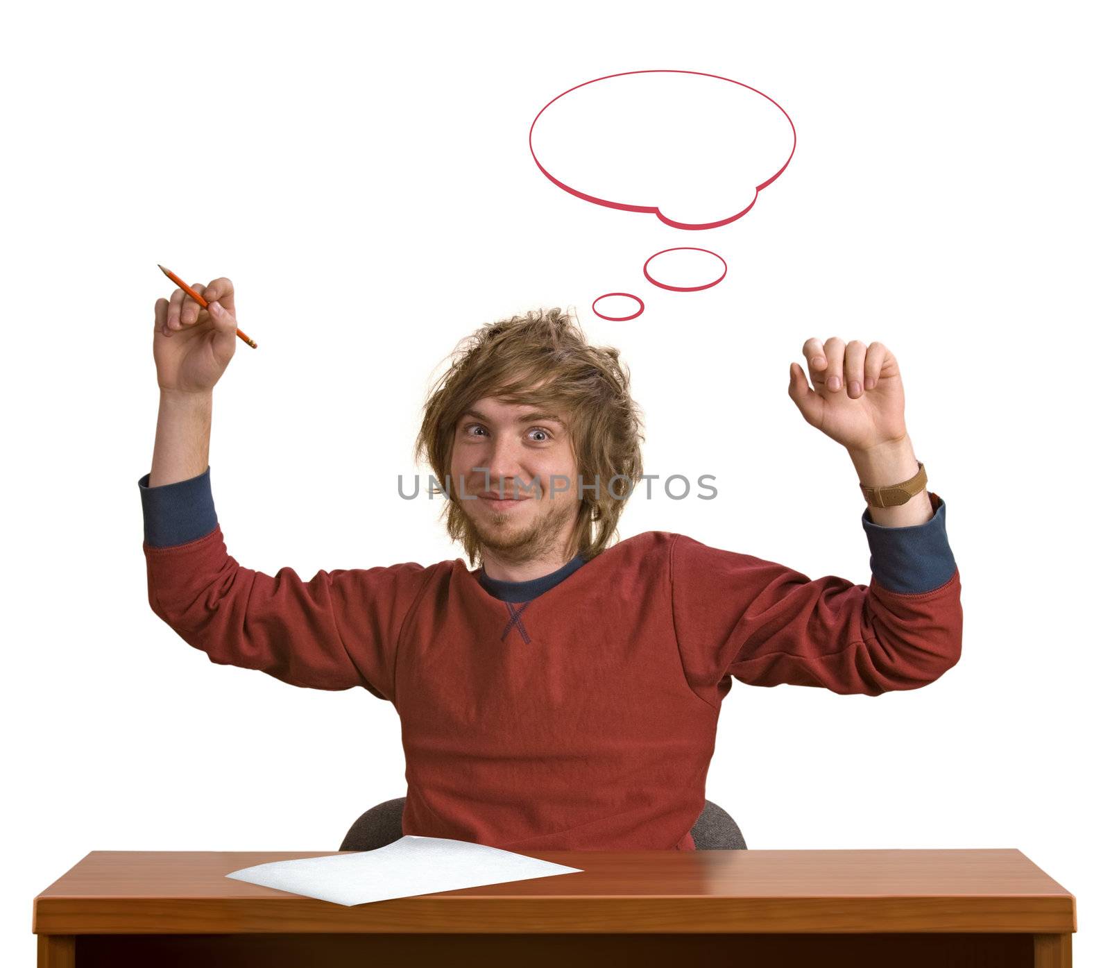 young man with pencil having a thought balloon