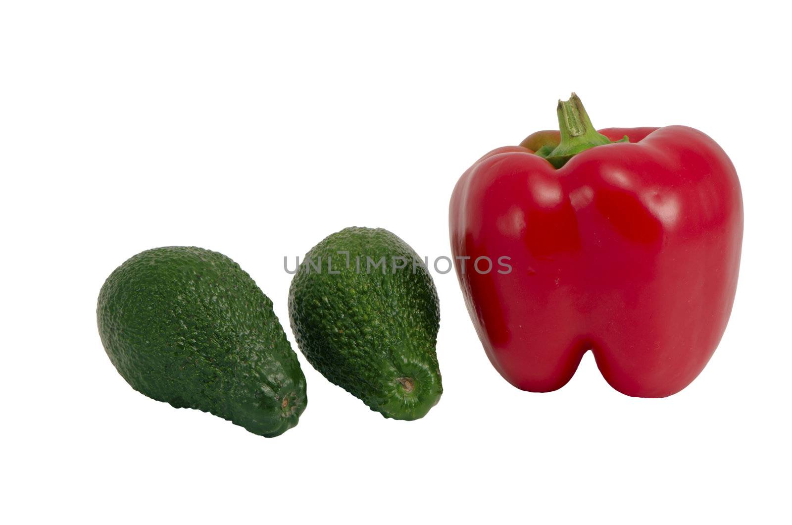 Red chilli pepper paprica and two green avocado isolated on white background.