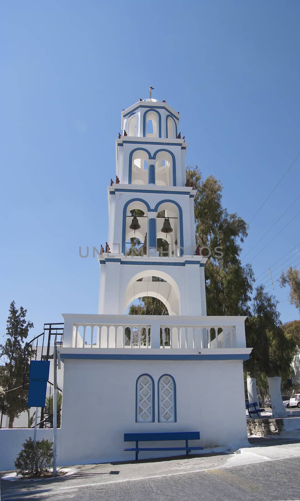 A Blue and White Greek Church Campanile or Bell Tower