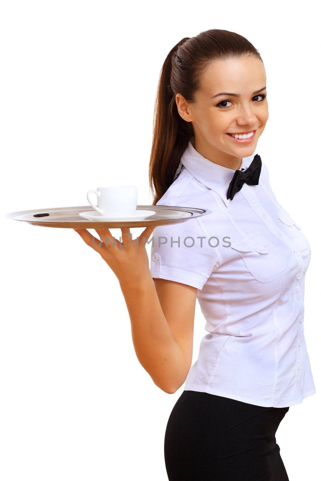 Portrait of young waitress with an empty tray