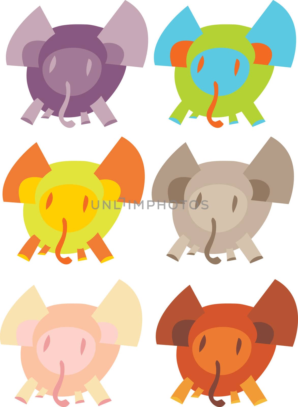 Cute cartoon clip art elephants in different colors