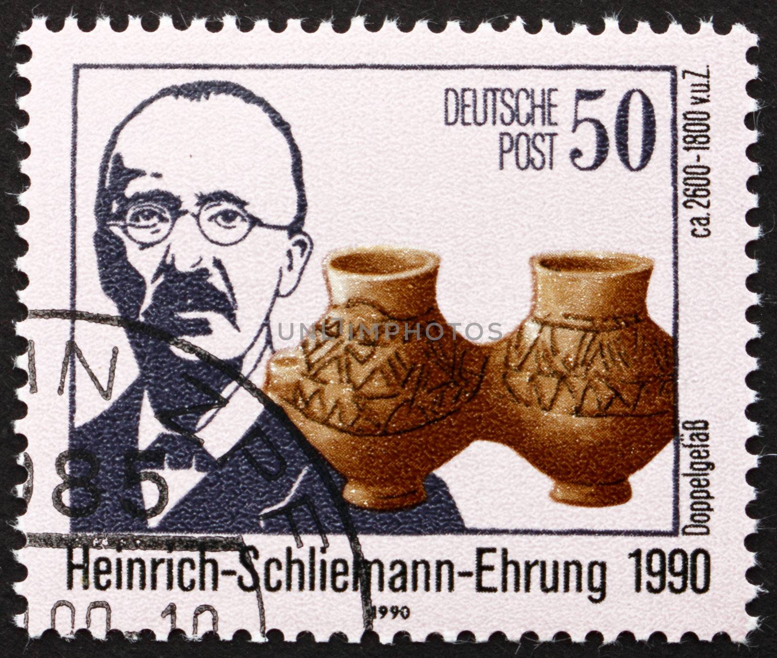 GDR - CIRCA 1990: a stamp printed in GDR shows Heinrich Schliemann, Businessman and Archaeologist, Archaeological Excavator of Troy, circa 1990