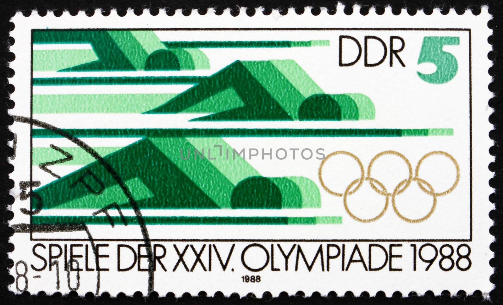 GDR - CIRCA 1988: a stamp printed in GDR shows Swimming, 24th Summer Olympics, Seoul, South Korea, circa 1988