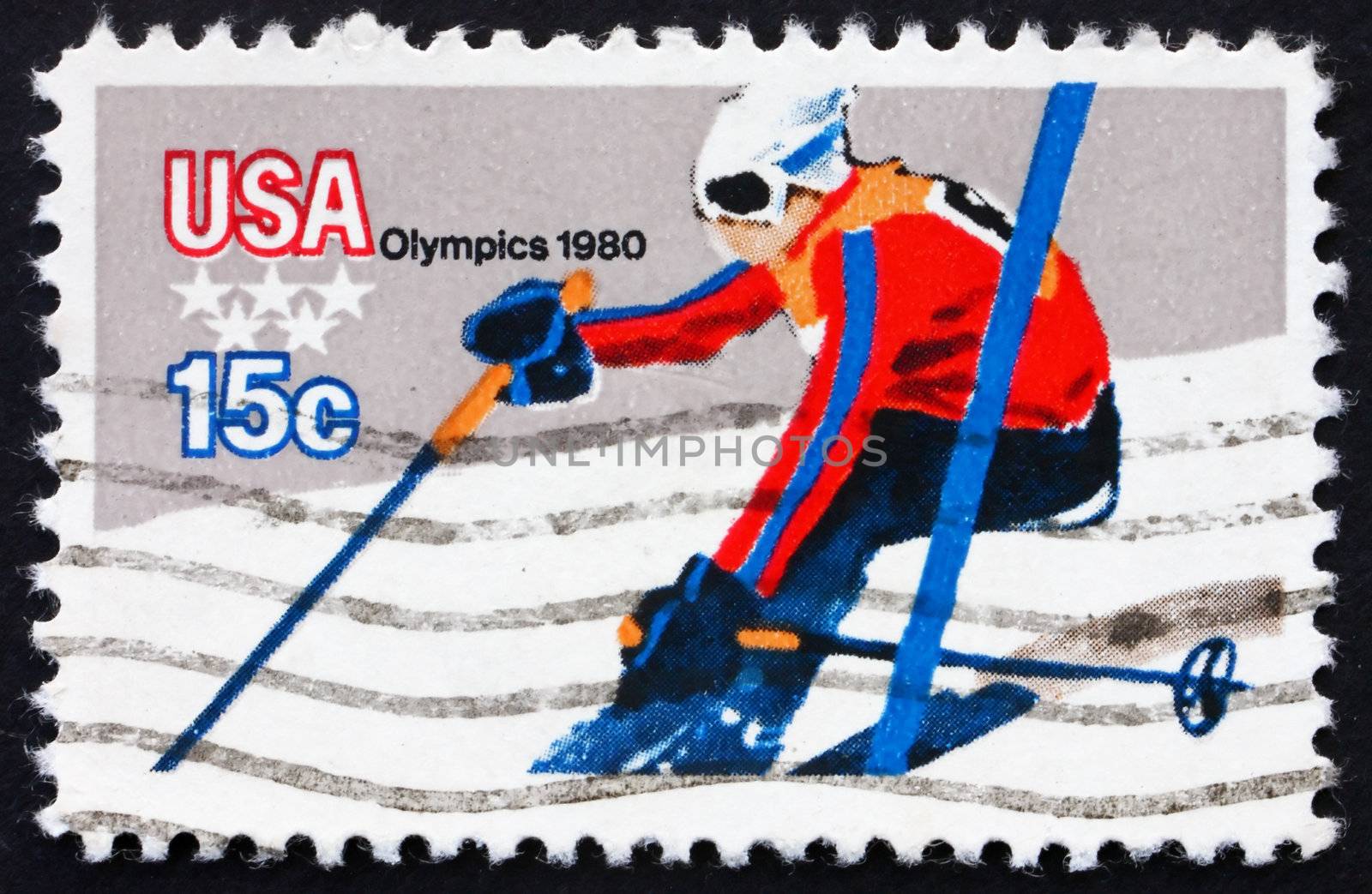 UNITED STATES OF AMERICA - CIRCA 1980: a stamp printed in the USA shows Downhill Skiing, 13th Winter Olympic Games, Lake Placid, New York, USA, circa 1980