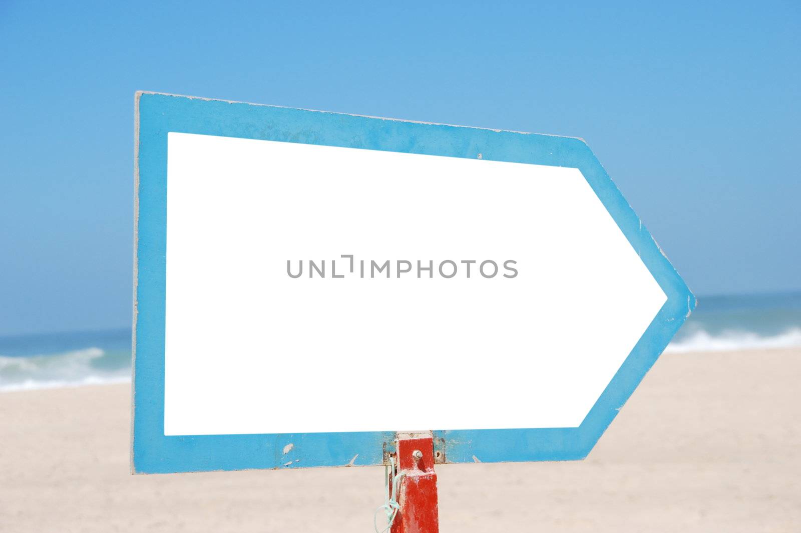 empty sign at the beach isolated on white (blue sky background, copy-space available for design)