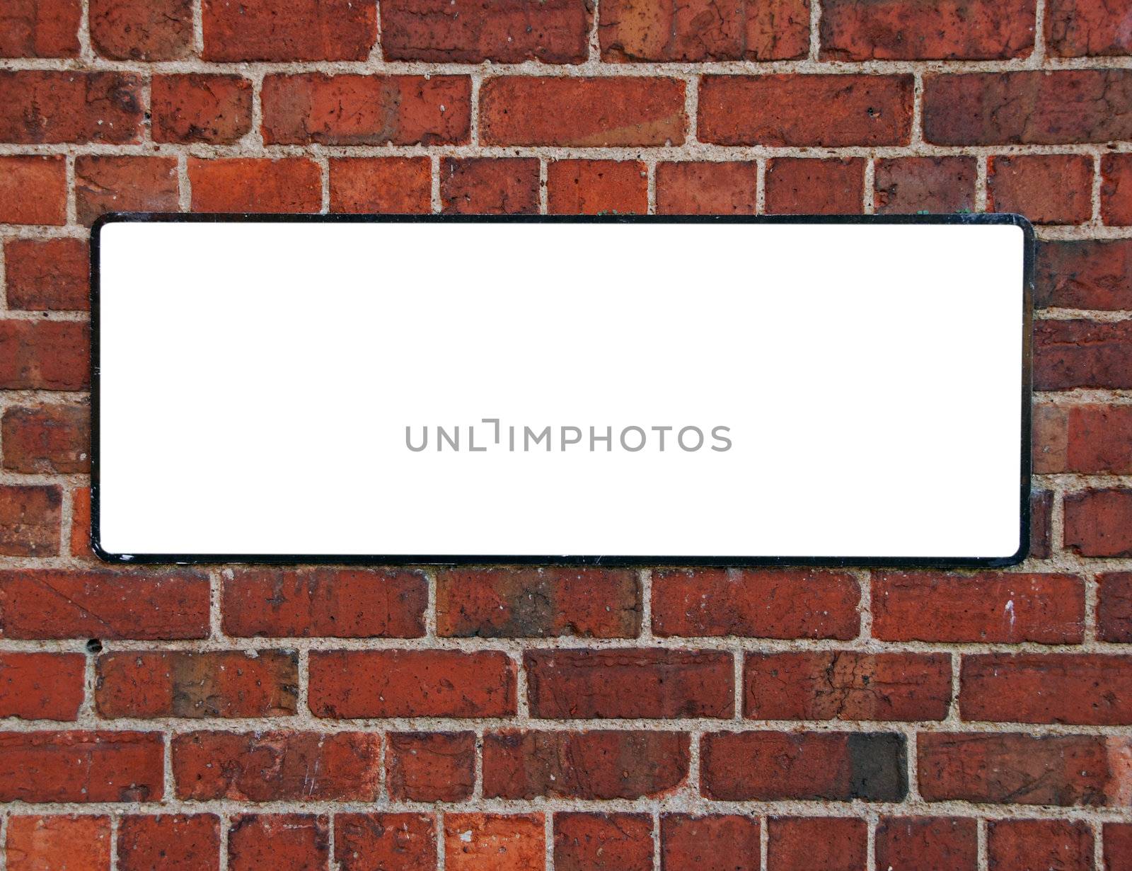 empty sign on a brick wall isolated on white background (copy-space available for design)