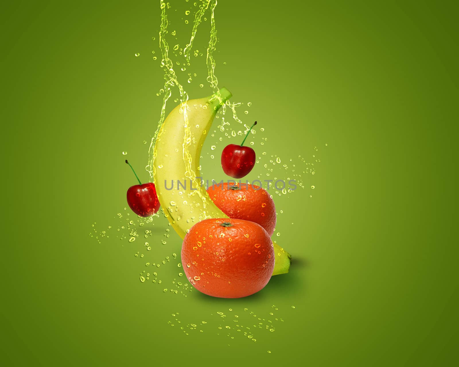 Fresh banana, mandarins, cherry, with water splashes on green background.