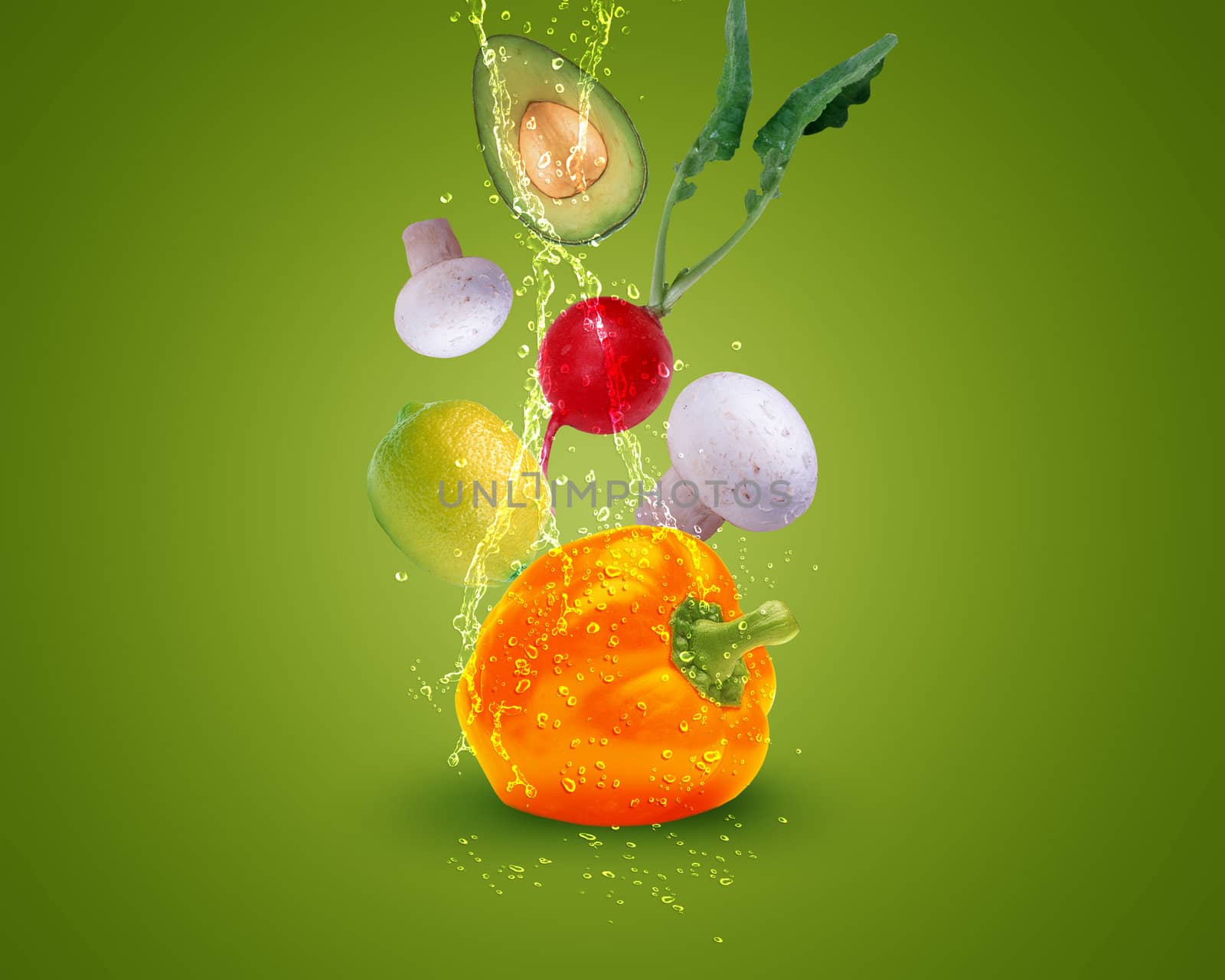 Fresh vegetables with water splashes on blue background.