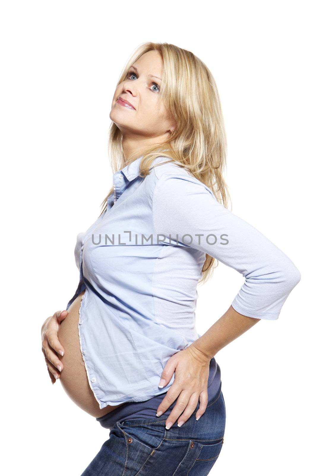 Portrait of a pregnant woman. Studio photo of pregnant woman isolated on white.