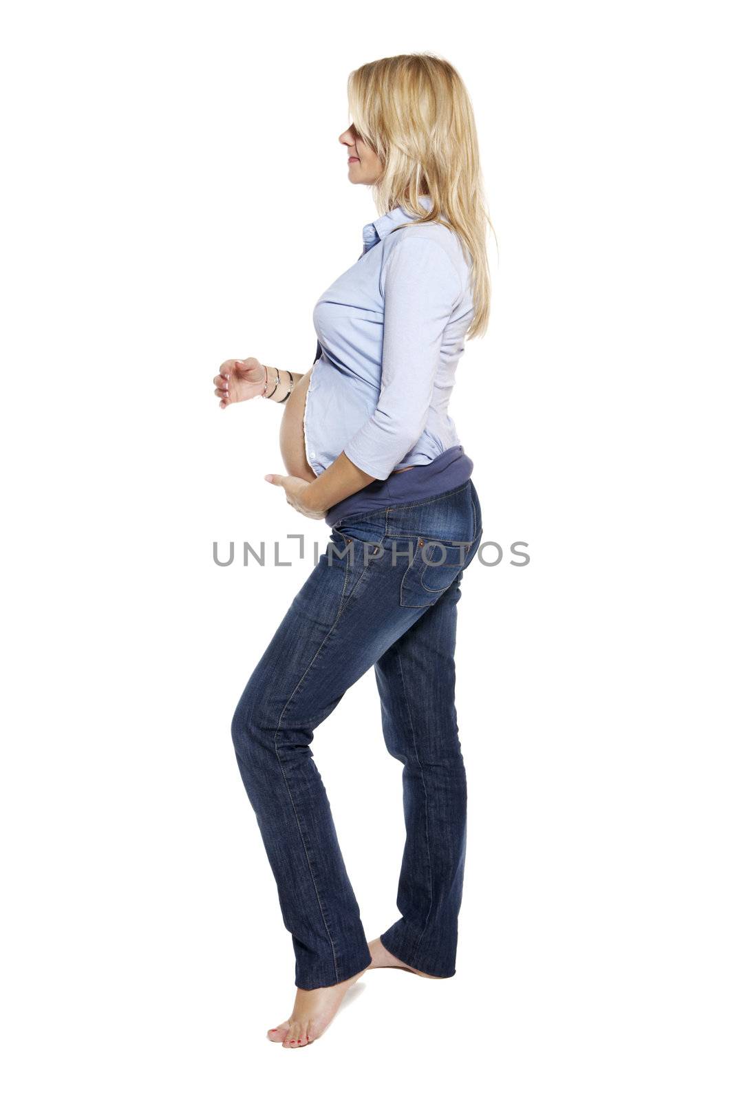 Portrait of a pregnant woman. Studio photo of pregnant woman isolated on white.