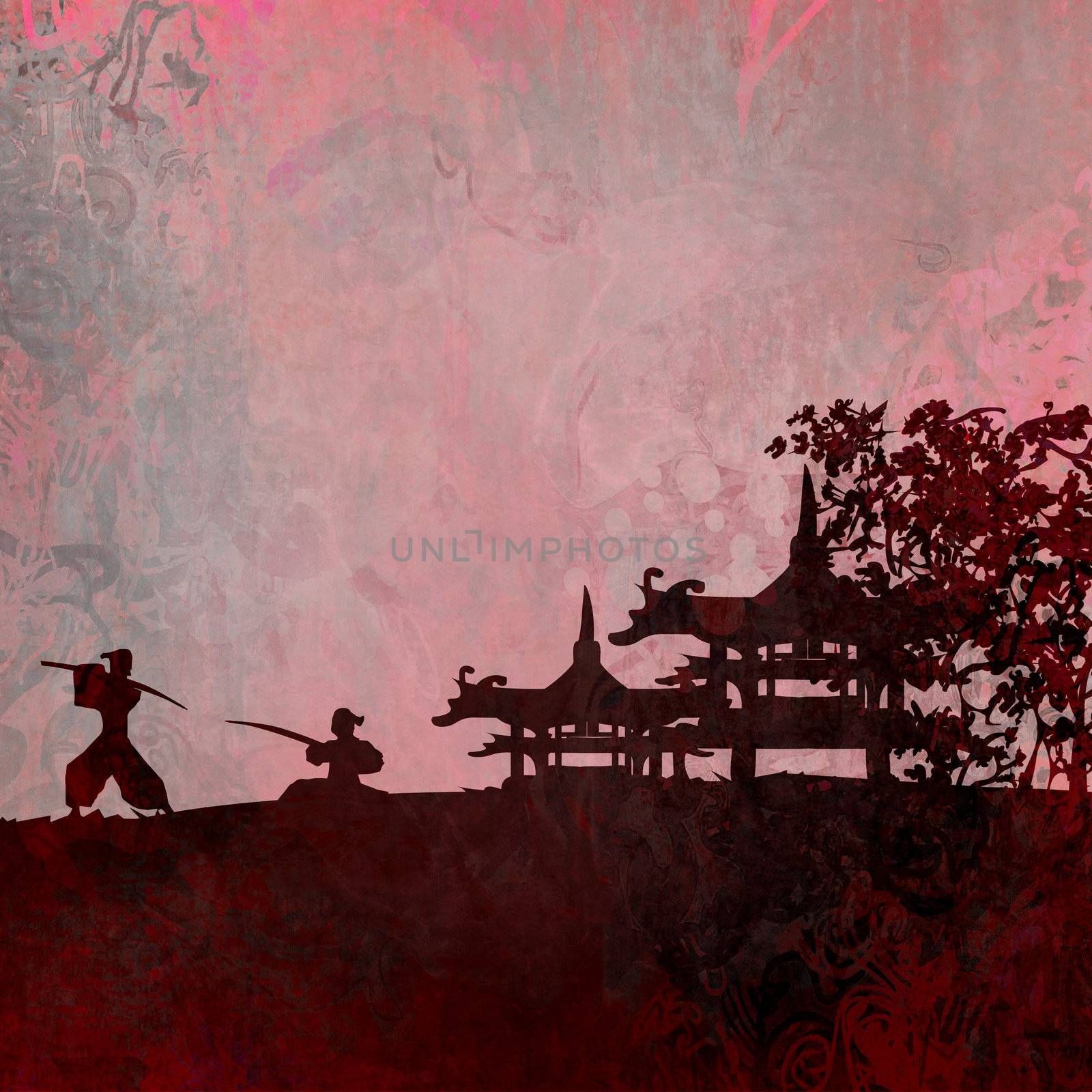 Samurai silhouette in Asian Landscape , raster