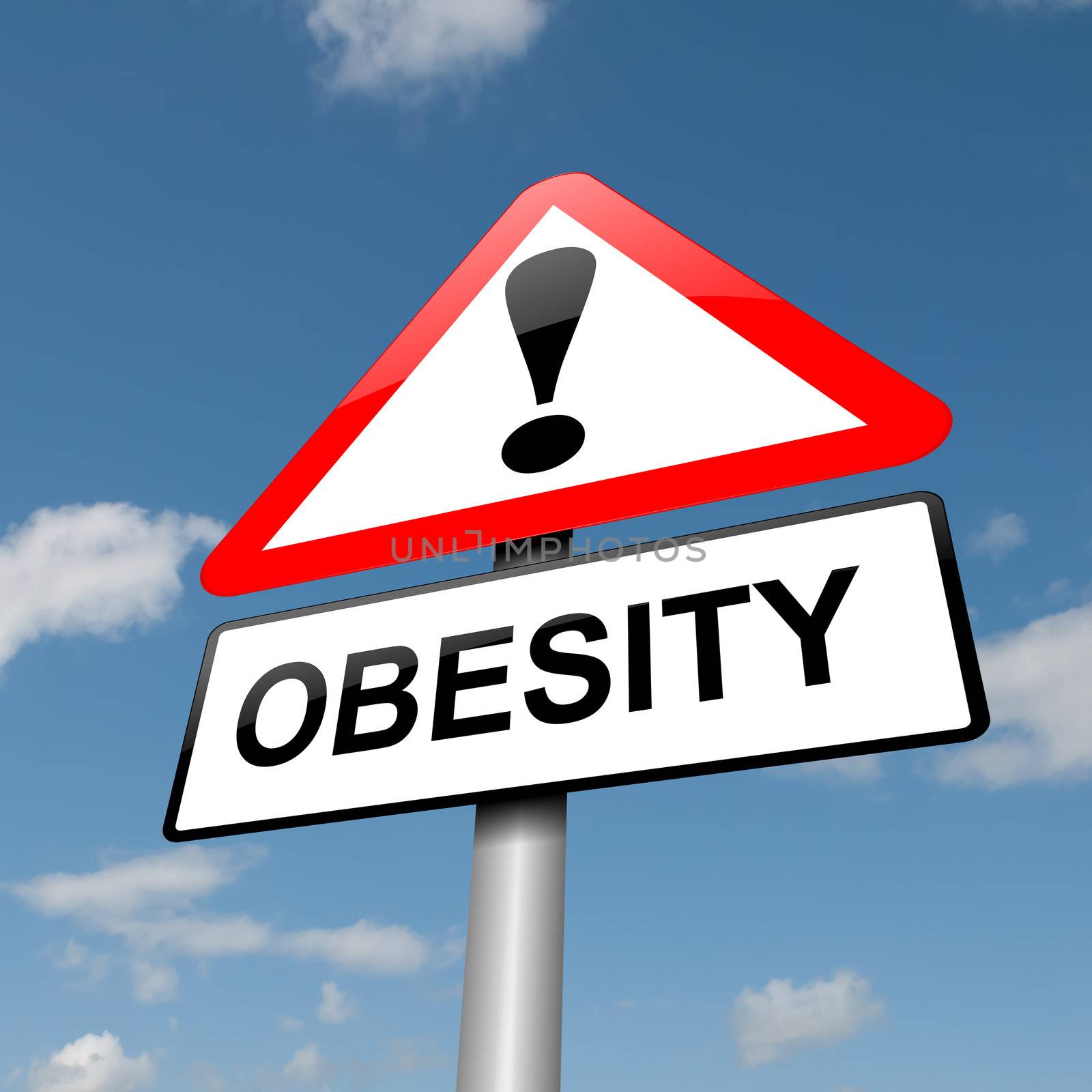 Illustration depicting a road traffic sign with an obesity concept. Blue sky background.