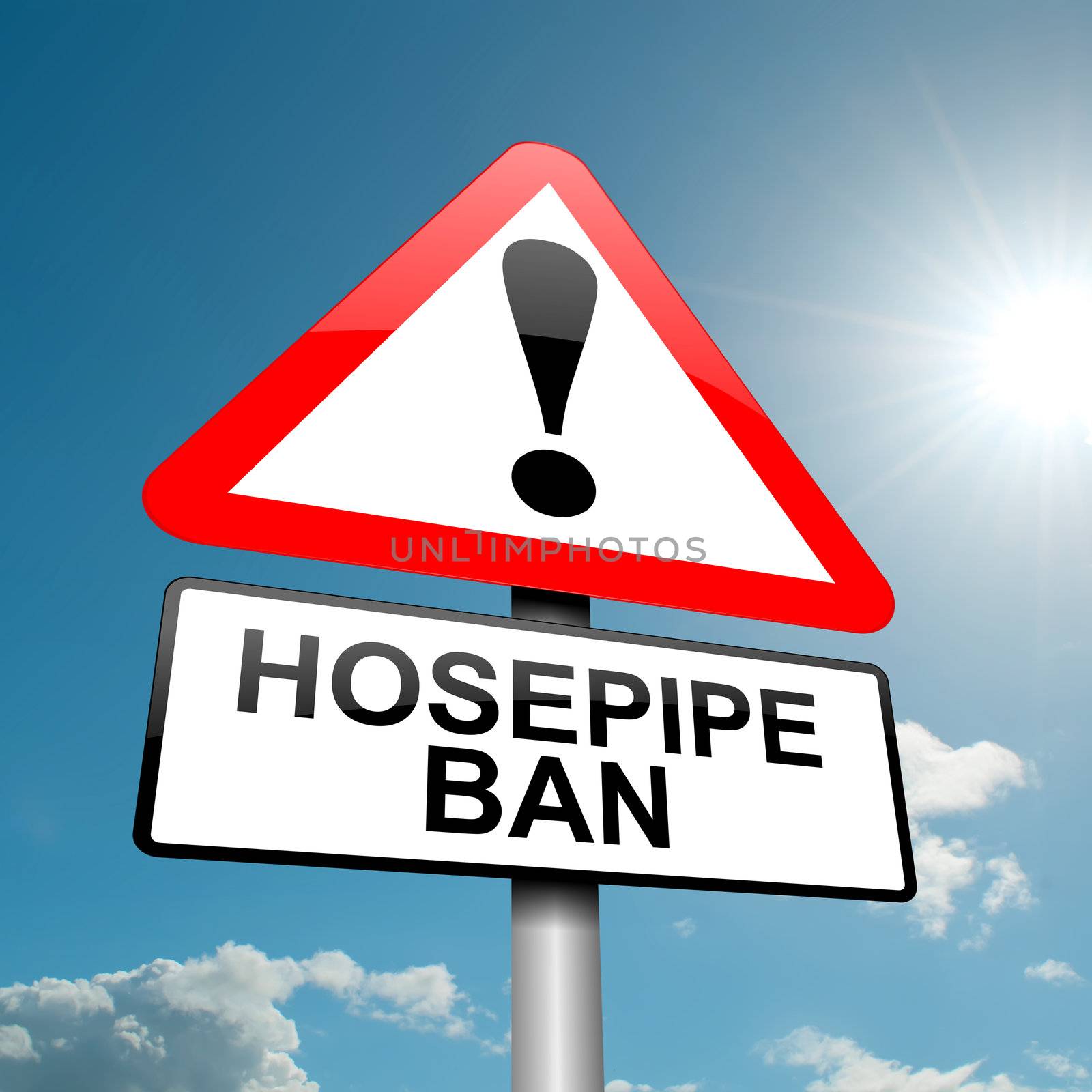 Illustration depicting a road traffic sign with a hose pipe ban concept. Blue sky background.