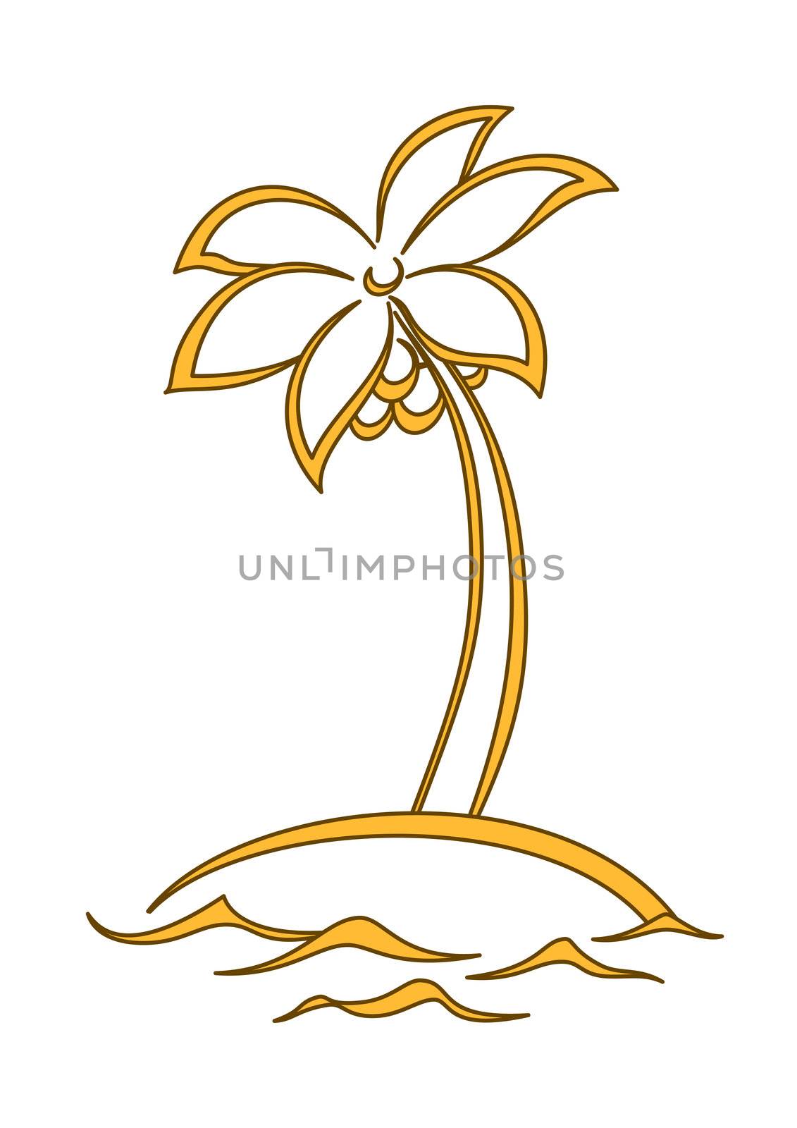 Island, palm tree with leaves, sea waves. One-colour logo