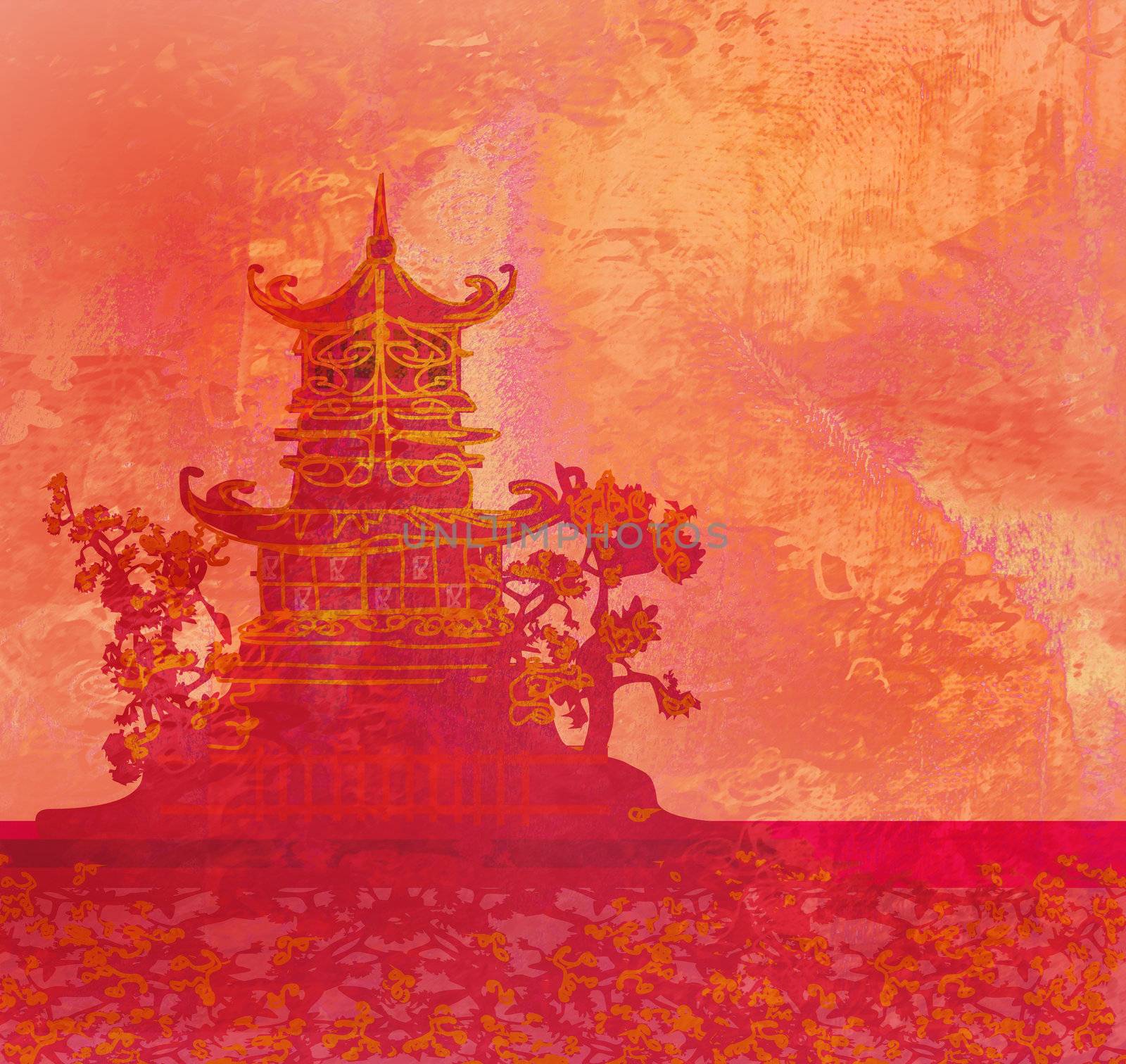 old paper with Asian Landscape , raster