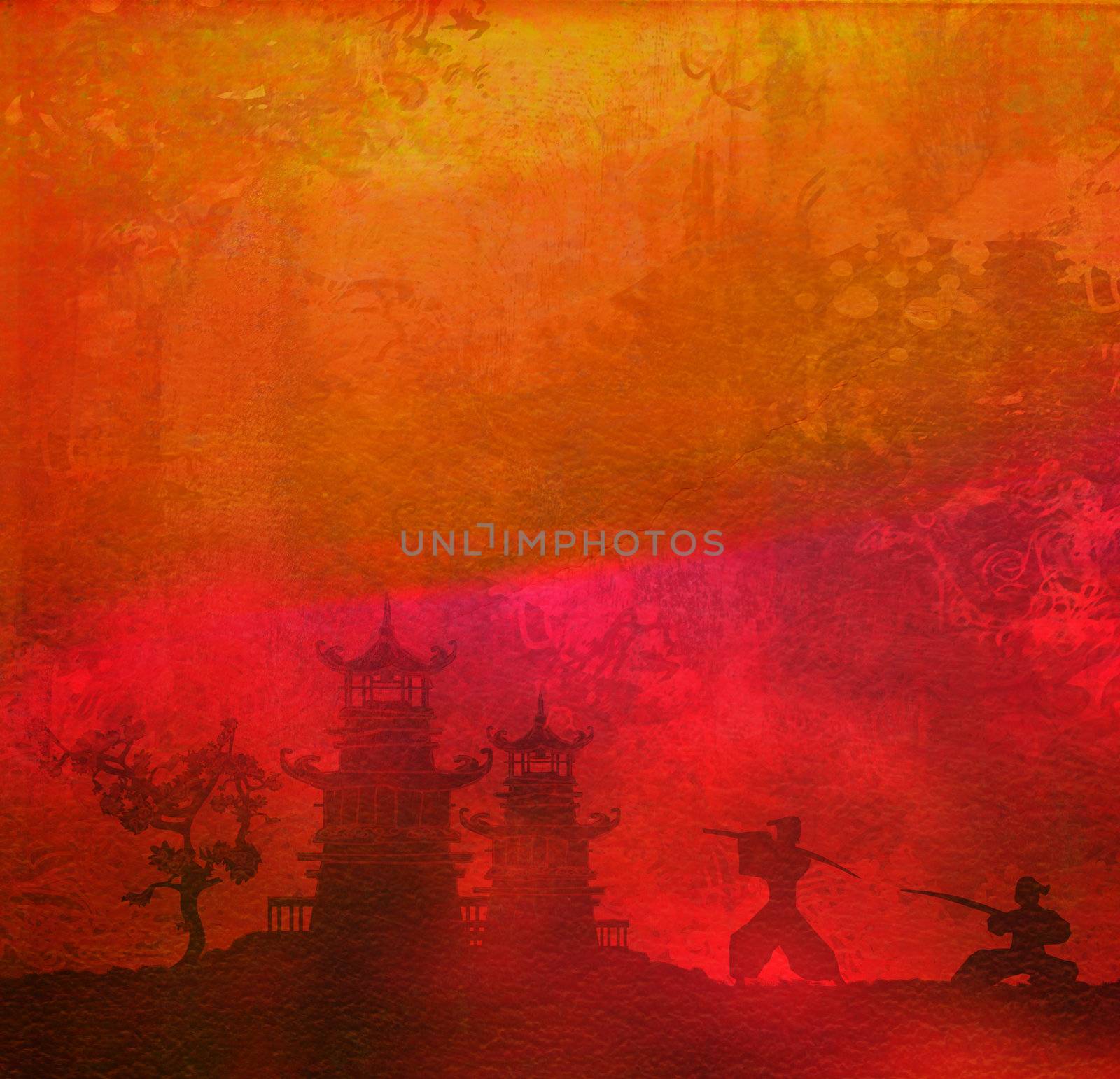 Samurai silhouette in Asian Landscape , raster