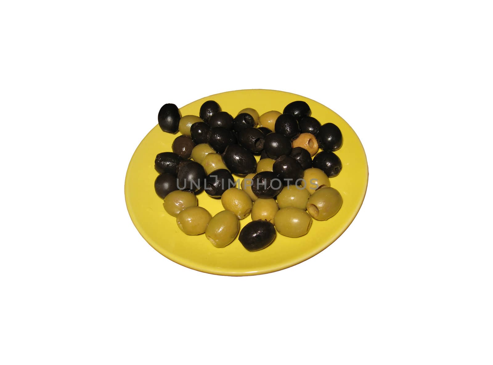 Image of black and green olives on the white background