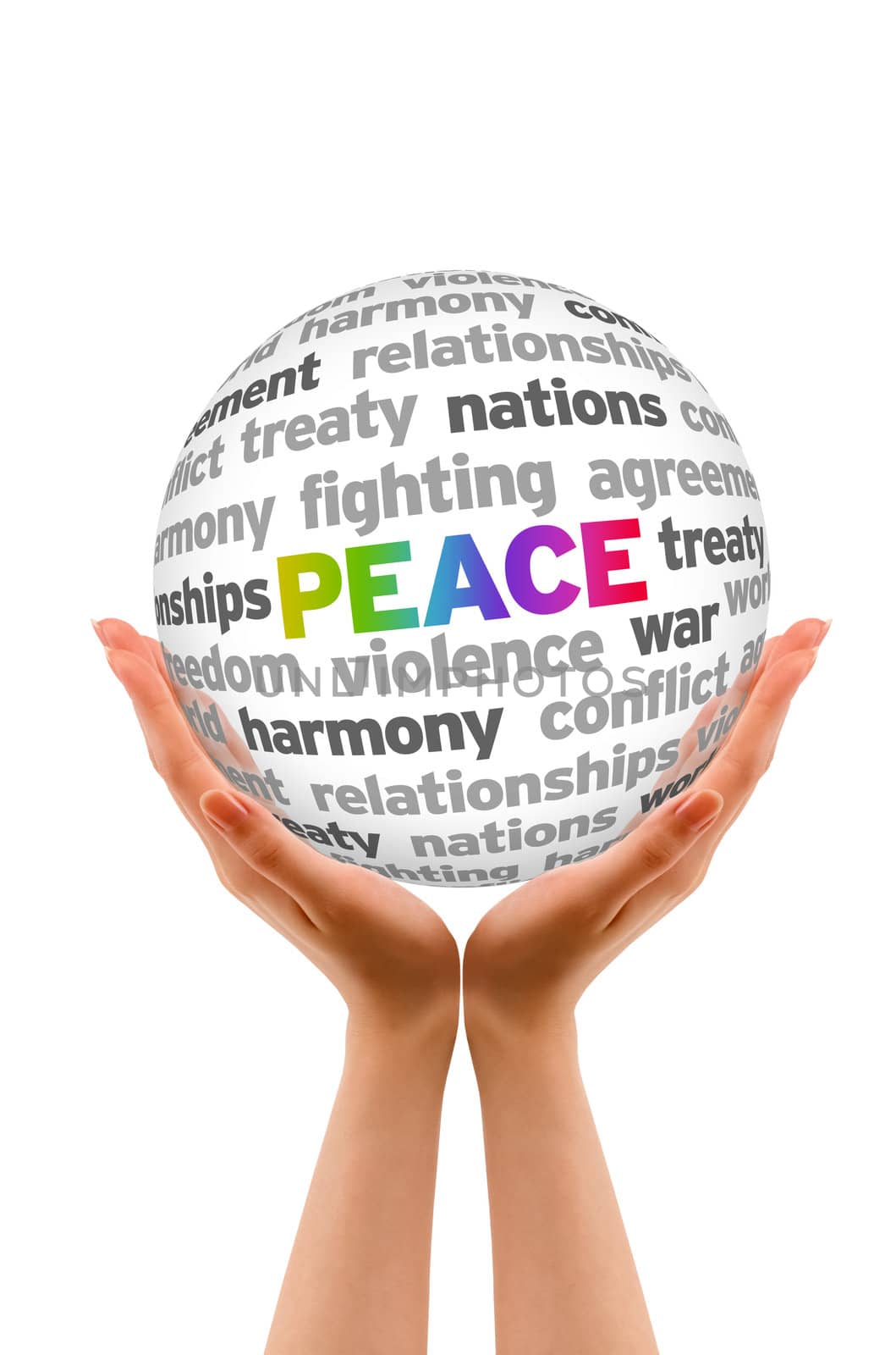 Hands holding a Peace Word Sphere on white background.
