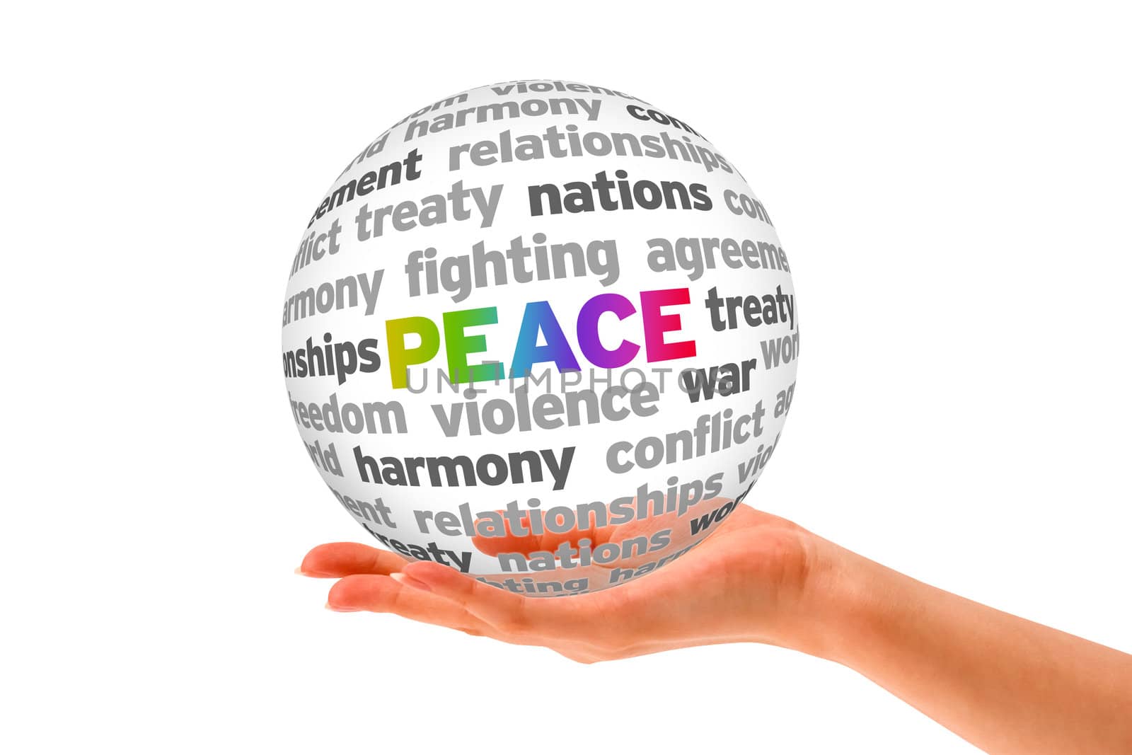 Hand holding a Peace Word Sphere on white background. 