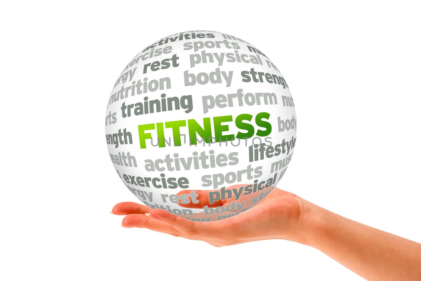 Hand holding a Fitness Word Sphere on white background. 