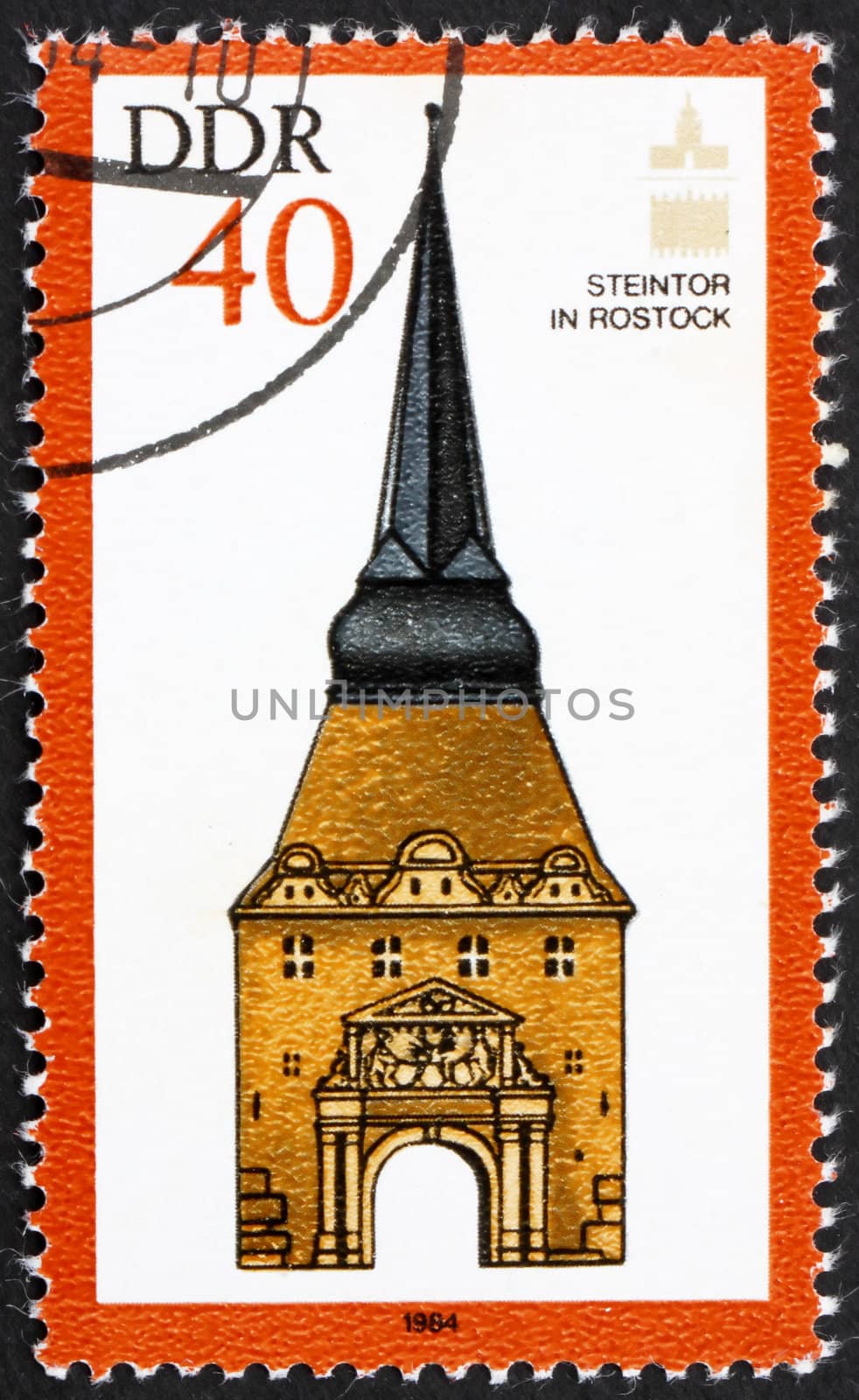 GDR - CIRCA 1984: a stamp printed in GDR shows Stone Gate, Rostock, circa 1984