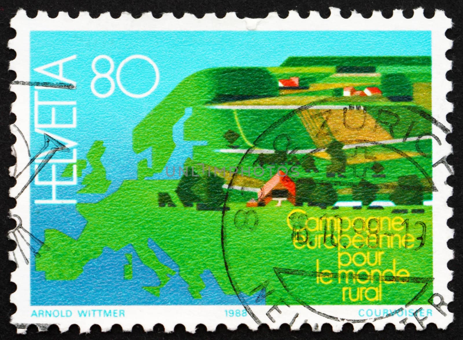 SWITZERLAND - CIRCA 1988: a stamp printed in the Switzerland shows Europe, European Campaign to Protect Undeveloped and Developing Lands, circa 1988
