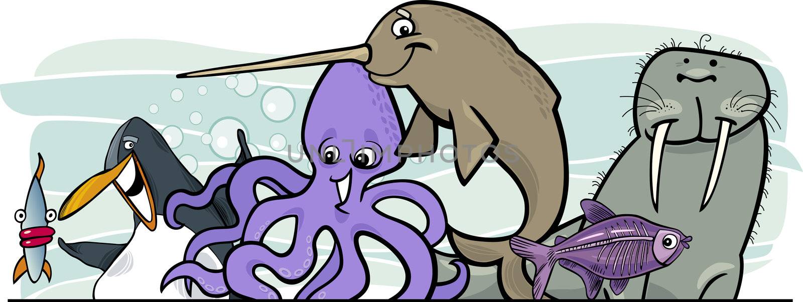 Cartoon illustration of Sea Life Animals header design