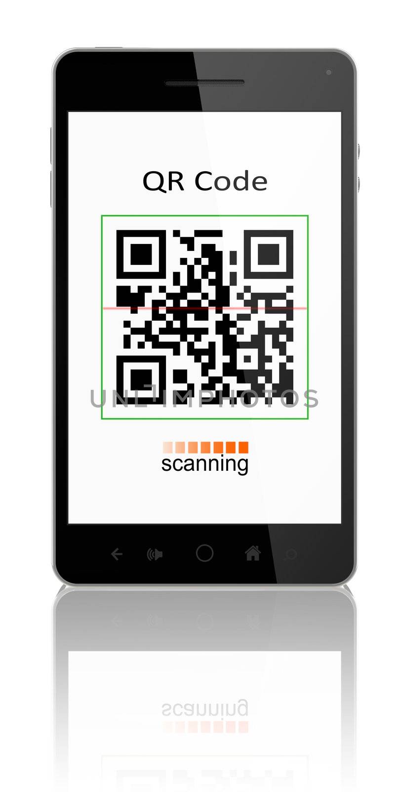 smartphone showing QR code scanner on the screen. Include clipping path for phone and screen.