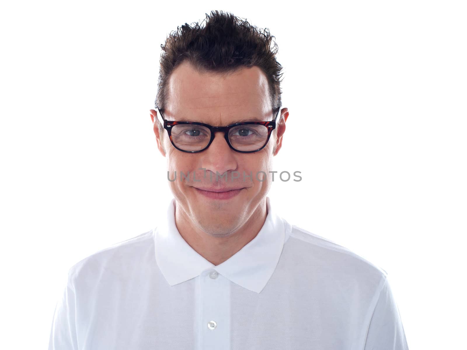 Closeup of casual man wearing eyeglasses smiling at camera