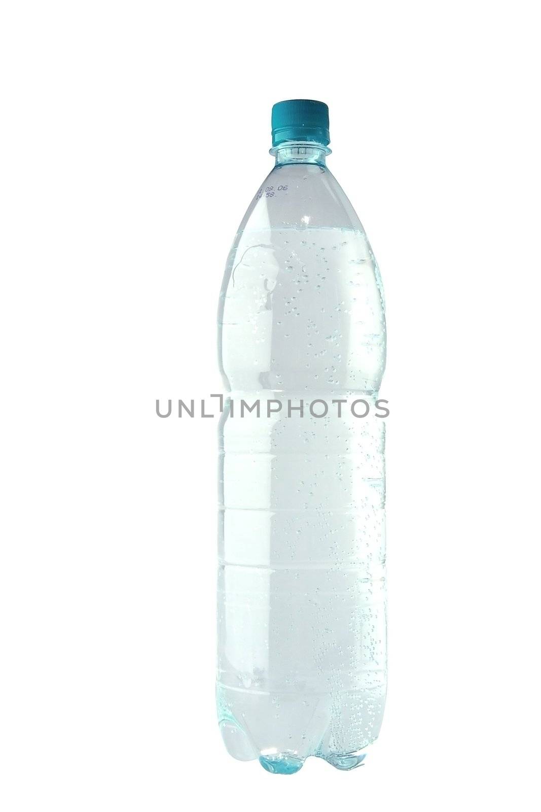 blue clean transparent mineral waters with the bubbles of gas on a white background