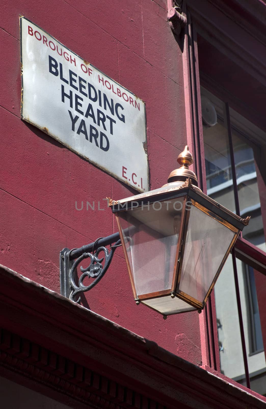 The street sign for Bleeding Heart Yard in London.  Bleeding Hart Yard was immortalised in Charles Dickens' novel 'Little Dorrit.