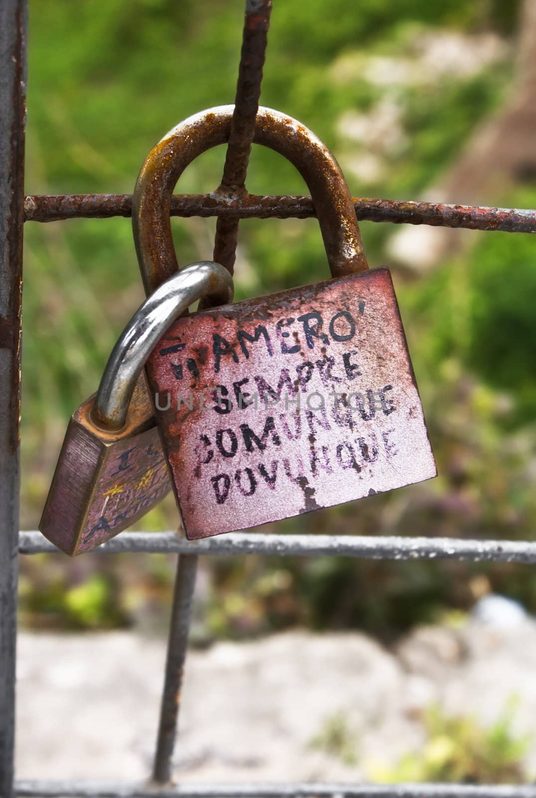 Love locks in Monreale. Sicily. Lovers lock their love with the lock.