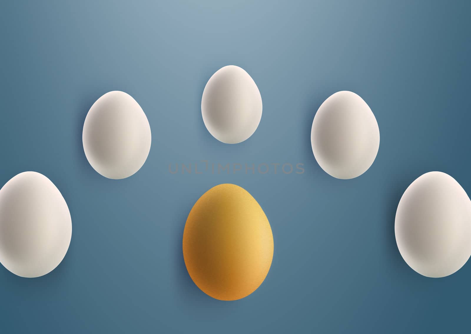 unique golden egg between white eggs on blue background.