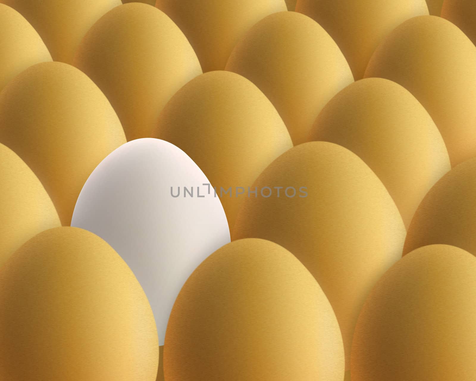 unique white egg between golden eggs