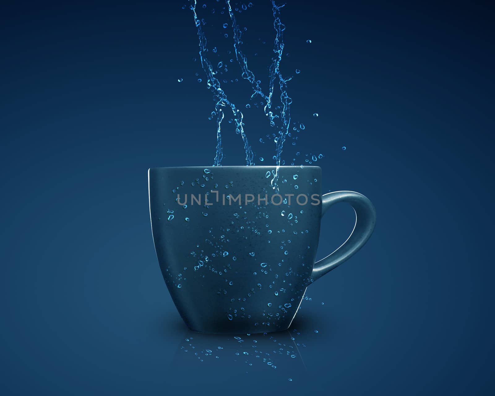black mug with water splash on blue background.