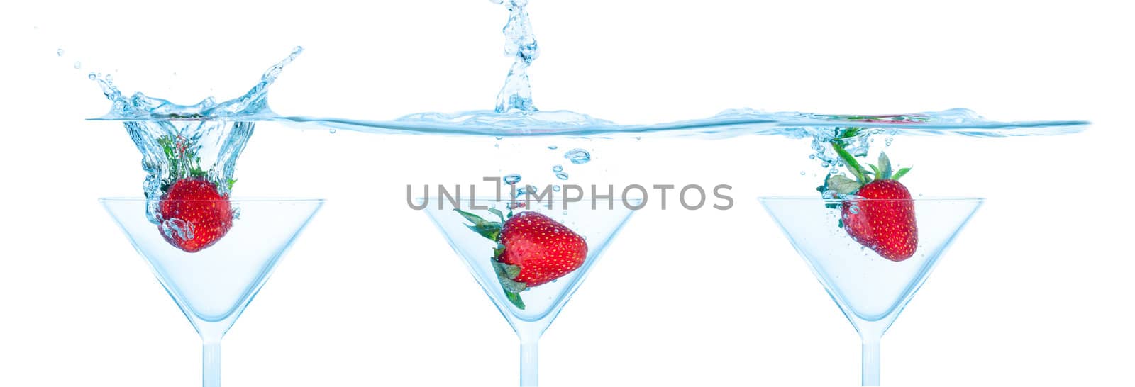 Collage Fresh Strawberry Dropped into Glass with Splash on white backgrounds