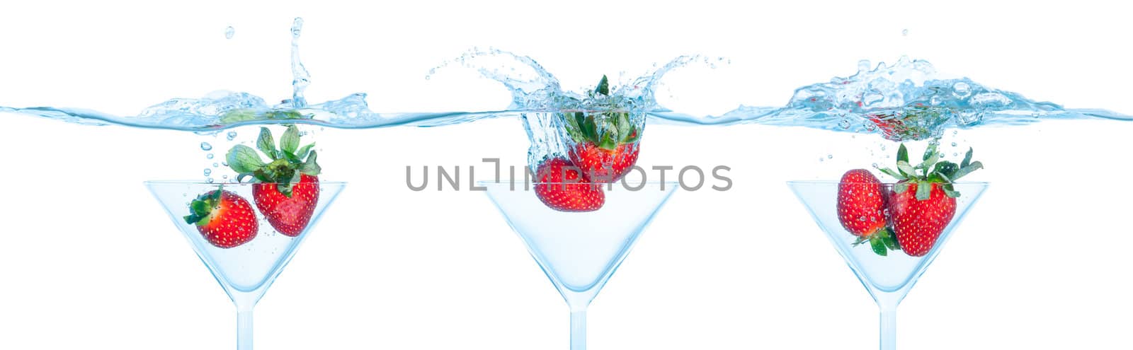 Collage Fresh Strawberry Dropped into Glass with Splash on white backgrounds