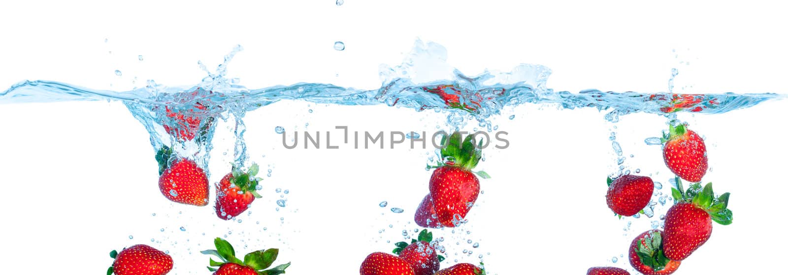 Collage Fresh Strawberry Dropped into Water with Splash on white backgrounds